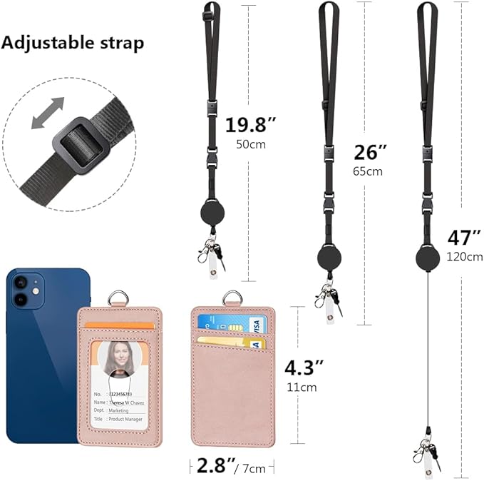 Leather Badge Holder and Adjustable Retractable Lanyards, Quick Release Buckle and Safety Breakaway Lanyards with Swivel Metal Clasp for Offices, Staff, Students, Employees