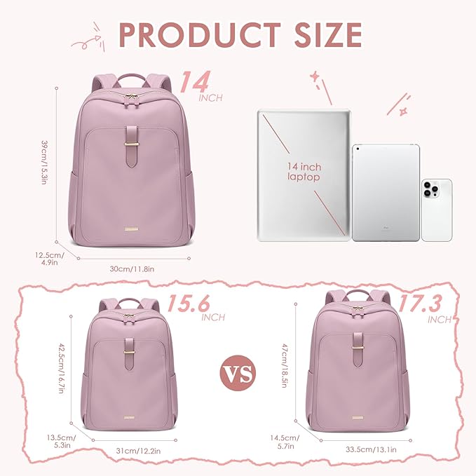 Laptop Backpack for Women,Casual Work Business Backpacks Purse Carry on Travel Backpack,14 Inch,Pinkish purple