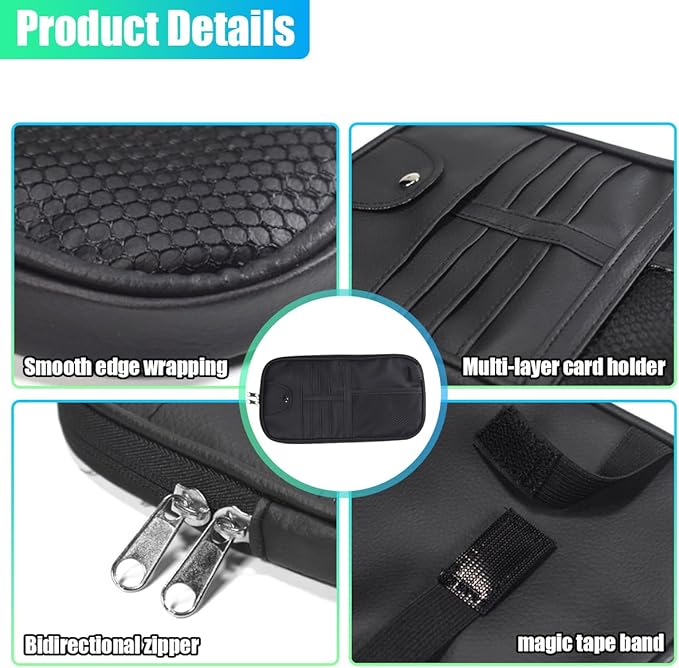 ZIMISI Car Visor Organizer, Double Zipper Sunglass Holder with Elastic Bands, PU Leather Car Storage Holder, Multi-Pocket Storage Pouch, Sun Visor Organizer for Most Cars (Black)