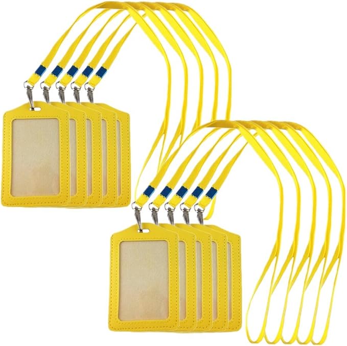 yueton 10pcs Vertical Style Leather Business ID Badge Card Holder, Name Card Business Card Holder Tag with Long Neck Strap Band Lanyard (Yellow)