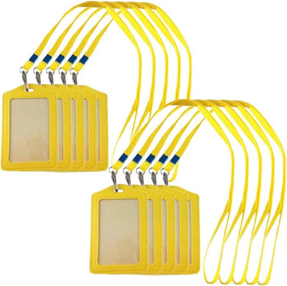 yueton 10pcs Vertical Style Leather Business ID Badge Card Holder, Name Card Business Card Holder Tag with Long Neck Strap Band Lanyard (Yellow)