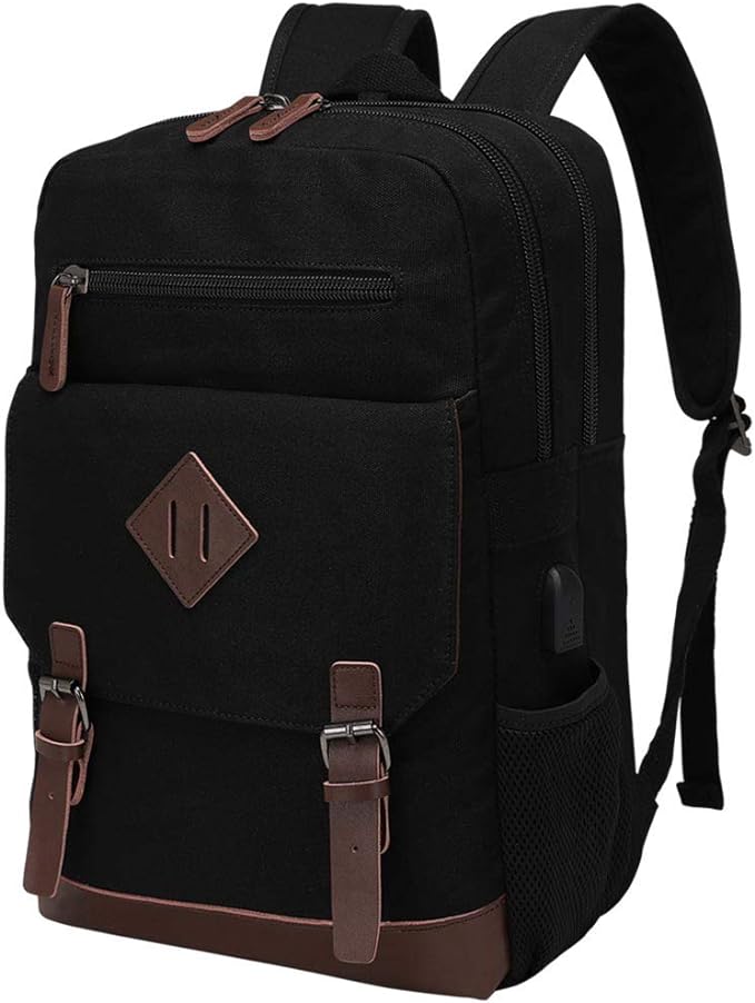 Modoker Eco-Friendly Canvas Backpack for Men Women, Vintage Rucksack Fits Most 15.6 Inch Laptop (Black, Fits up to 15.6" laptop)