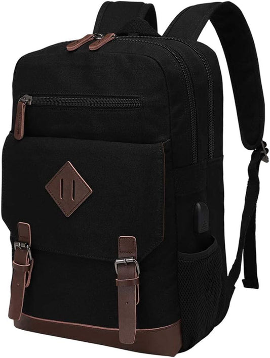Modoker Eco-Friendly Canvas Backpack for Men Women, Vintage Rucksack Fits Most 15.6 Inch Laptop (Black, Fits up to 15.6" laptop)
