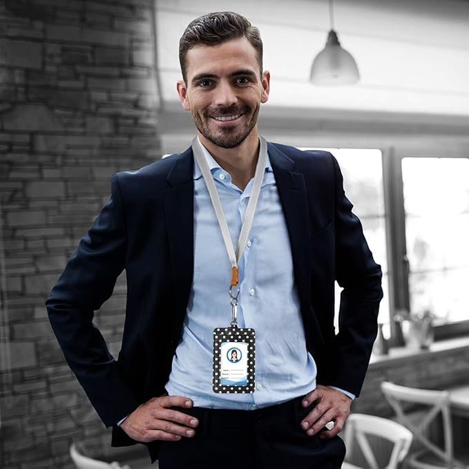 Moudou Polka Dot ID Badge Holder with Lanyard, Vertical Leather ID Badge Card Holder for Office Staff, School Teacher and Student