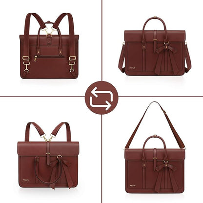 MOSISO Laptop Bag for Women, 17 inch PU Leather Laptop Shoulder Bags Convertible Backpack, 17.3 inch Messenger Bags Casual Handbag Work Briefcase Travel Computer Bag with Bowknot, Brown