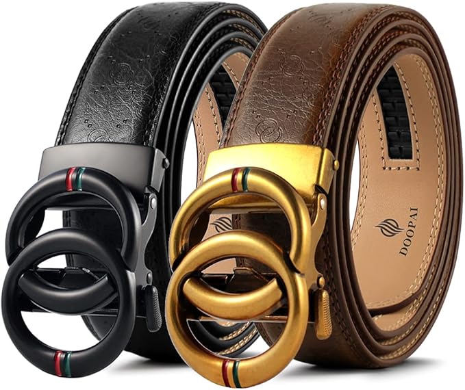 DOOPAI Men's 2 Pack Ratchet Dress Belt - Adjustable 1 3/8" Genuine Leather, Size Length Can Be Cut, With Gift Box