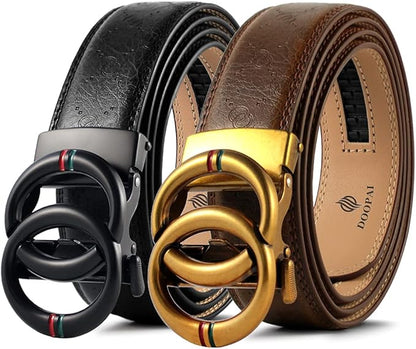DOOPAI Men's 2 Pack Ratchet Dress Belt - Adjustable 1 3/8" Genuine Leather, Size Length Can Be Cut, With Gift Box