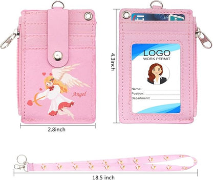 HASFINE ID Badge Holder with Cute Angel Character Design PU Leather ID Card Wallet, 2-Sided 5 Card Slots, Zippered Pocket, Detachable Keychain Lanyard for Teachers, Students, Nurses, Office Staff