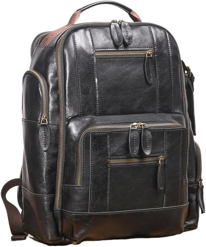 Vintage Genuine Leather 15.6" Laptop Backpack For Men Cowhide Hiking Camping Rucksack Business Travel Daypacks (Black)