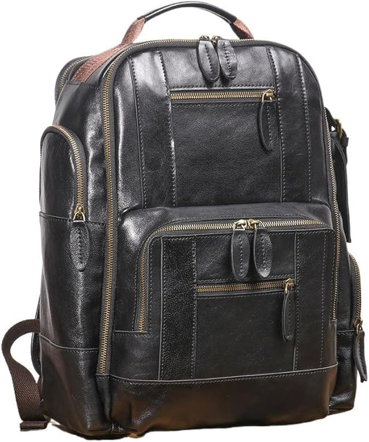 Vintage Genuine Leather 15.6" Laptop Backpack For Men Cowhide Hiking Camping Rucksack Business Travel Daypacks (Black)
