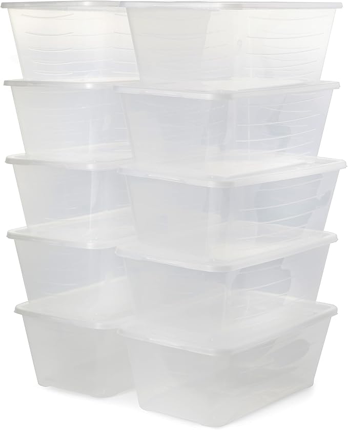 Life Story 6 Liter Shoe, Accessory, and Closet Plastic Storage Box Multi-Purpose Lidded Stacking Tote Containers, Clear (50 Pack)