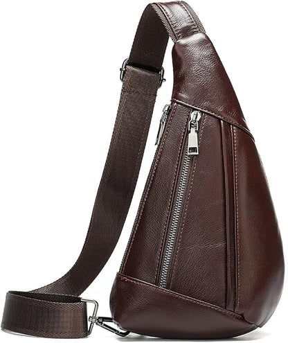 Leather Crossbody Sling Bag for Men Women Single Shoulder Chest Pack Backpack Outdoor Travel Camping Casual Daypack, Coffee