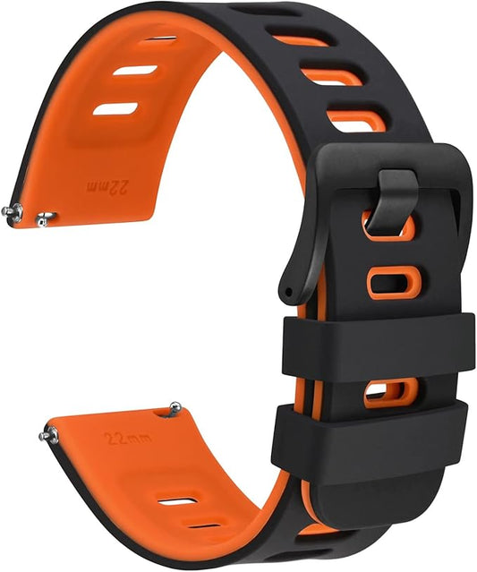 WOCCI 21mm Bicolor Watch Band, Silicone Rubber, Quick Release Replacement Strap for Men and Women, Black Stainless Steel Buckle (Black-Orange)