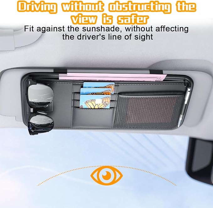 Mandark Car Sun Visor Organizer, PU Leather Vehicle Storage Pouch Holder with Multi-Pocket Zipper, Auto Interior Accessories for Sunglass Pen Document, Universal for SUV, Sedan, Truck (Black)