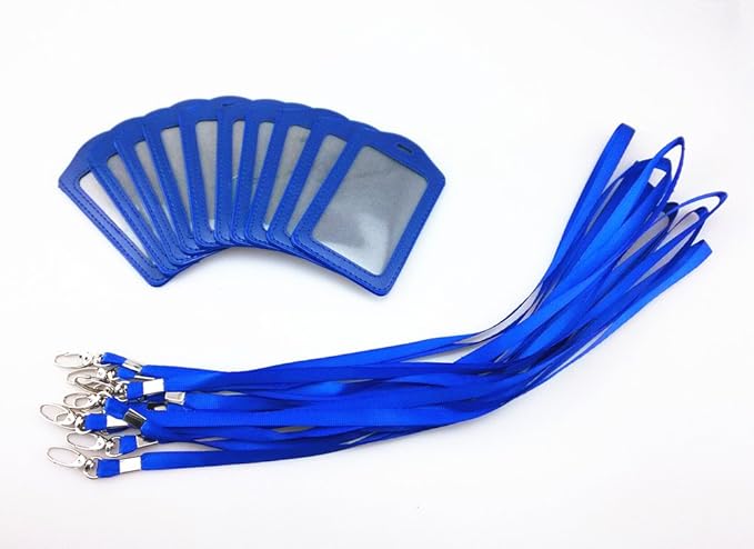 yueton 10pcs Vertical Style Leather Business ID Badge Card Holder, Name Card Business Card Holder Tag with Long Neck Strap Band Lanyard (Blue)
