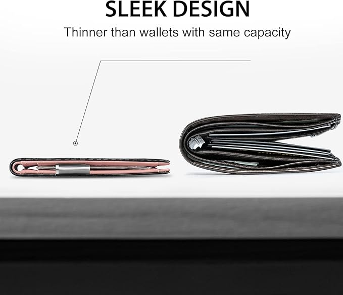 GSOIAX Men's Slim RFID Blocking Leather Wallet with Money Clip Minimalist Carbon Fiber Bifold Credit Card Holder 11 Card Slots Gift Box Included(Carbon Pink)