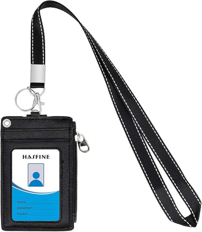 HASFINE 2 Pack ID Badge Holder with Lanyard,2 Sided 5 Card Slots ID Card Holder Wallet with PU Leather Zipper Pocket and Detachable Keychain Lanyard for Teens Men Women(Black & Pink)