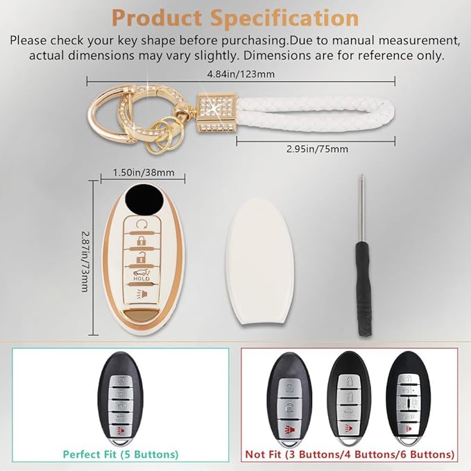 PIFOOG Accessories for Nissan Key Cover TPU Car Keys Shell Chain Waterproof Fit Altima Sentra Rogue Pathfinder Murano Armada Maxima Versa Remote Key White Girly