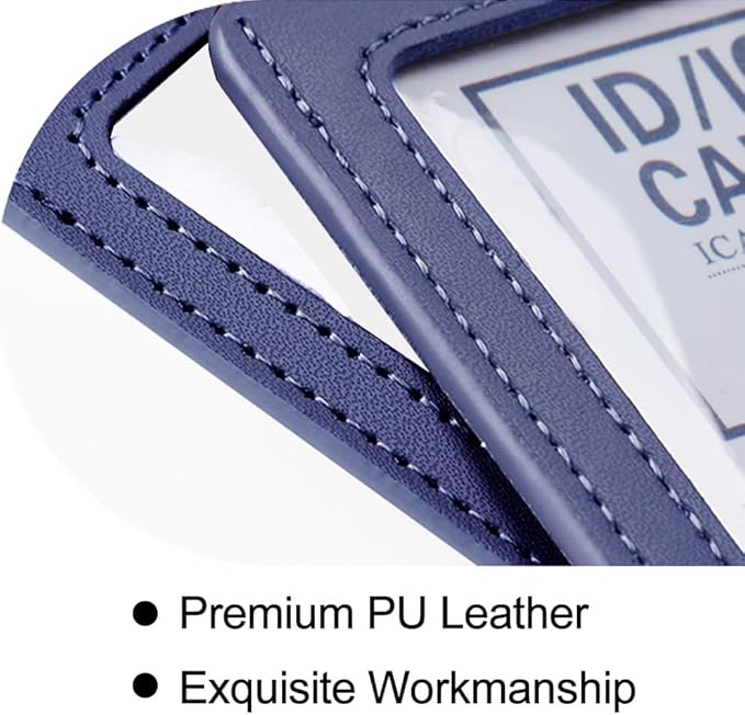 Larpur Vertical Badge Holders, PU Leather ID Card Cases with Double-Sided Clear Window, Pack of 2 Blue ID Holders for Work, School, Exhibition, Office