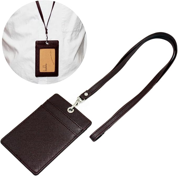 Boshiho Vertical Style Leather ID Card Badge Holder with Heavy Duty Lanyard (Brown 2)