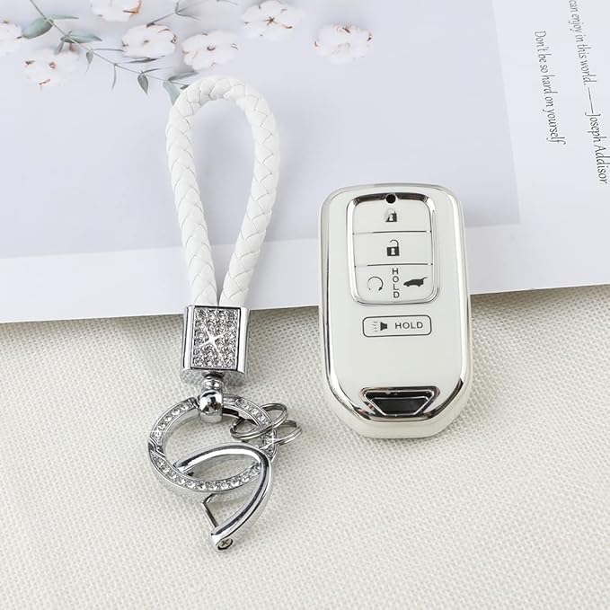 PIFOOG Key Fob Cover for Honda Accord Civic CRV Pilot Passport Insight Accessories White TPU 5 Buttons Smart Keys Case Shell Protector Bling Car Keychain Girly Women