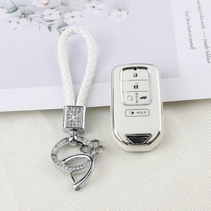 PIFOOG Key Fob Cover for Honda Accord Civic CRV Pilot Passport Insight Accessories White TPU 5 Buttons Smart Keys Case Shell Protector Bling Car Keychain Girly Women