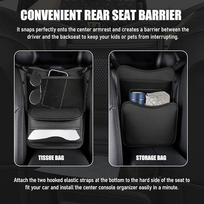 Car Organizer Storage Between Seats, Nappa Leather Front Seat Storage Bag with Tissue Holder, Automotive Console Hanging Net Pocket Handbag Holder for Phone Document (Black)