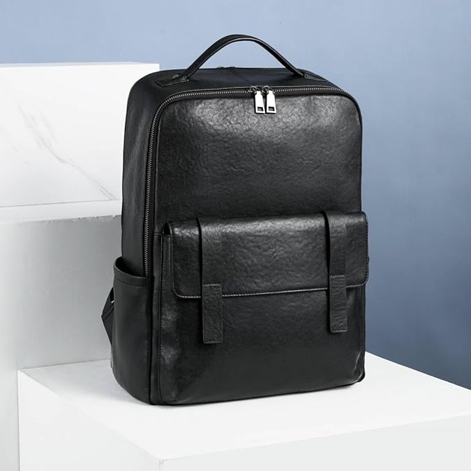 15.6 Inch Genuine Leather Laptop Backpack for Men Women, Business Travel Backpack Hiking Daypack Rucksack (7#Black)