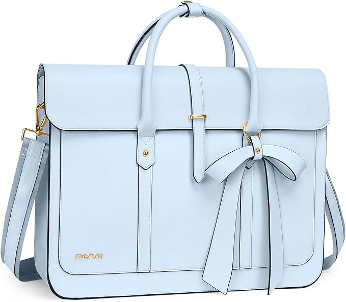 MOSISO Laptop Bag for Women, 15-15.6 inch PU Leather Laptop Shoulder Bags Convertible Backpack, 16 inch Messenger Bags Casual Handbag Work Briefcase Travel Computer Bag with Bowknot, Sky Blue