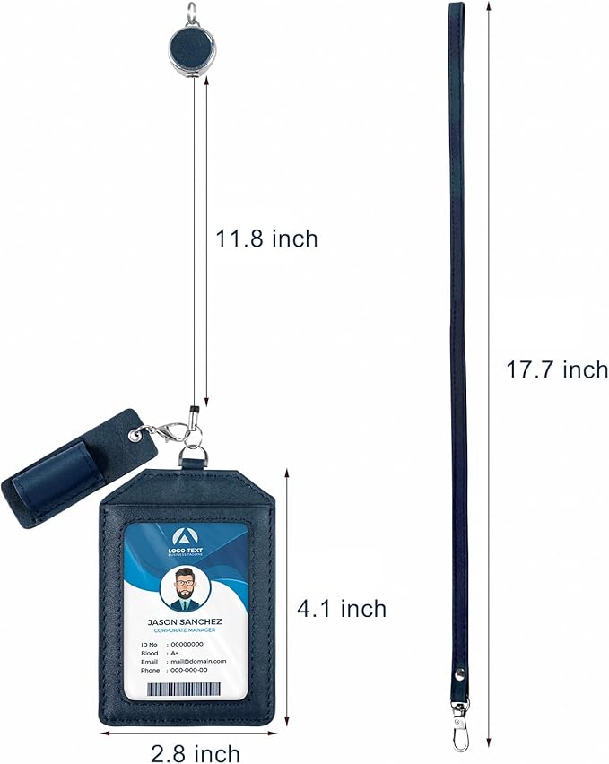 Office Badge Holder - Boshiho Genuine Leather Credit ID Card Holder with Stretch Neck Lanyard Vertical Style (Blue)
