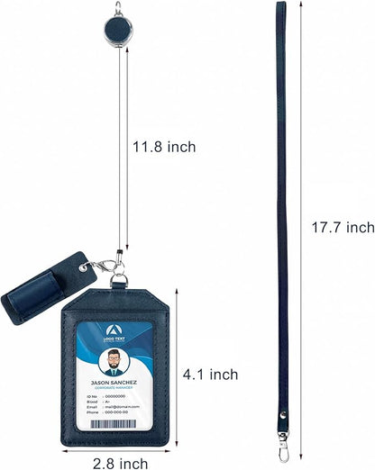 Office Badge Holder - Boshiho Genuine Leather Credit ID Card Holder with Stretch Neck Lanyard Vertical Style (Blue)