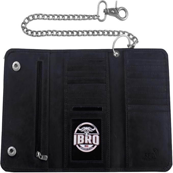IBRO VINTAGE Motorcycle Chain Wallet for Men – Premium Cowhide Leather, RFID Tri-Fold Biker Wallet with Heavy Duty Chain for Bikers Truckers & Hunters, Credit Card Money Organizer Long Wallet | Long Trifold, RFID Blocking, Men's, Trucker Biker