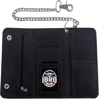 IBRO VINTAGE Motorcycle Chain Wallet for Men – Premium Cowhide Leather, RFID Tri-Fold Biker Wallet with Heavy Duty Chain for Bikers Truckers & Hunters, Credit Card Money Organizer Long Wallet | Long Trifold, RFID Blocking, Men's, Trucker Biker