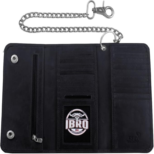 IBRO VINTAGE Motorcycle Chain Wallet for Men – Premium Cowhide Leather, RFID Tri-Fold Biker Wallet with Heavy Duty Chain for Bikers Truckers & Hunters, Credit Card Money Organizer Long Wallet | Long Trifold, RFID Blocking, Men's, Trucker Biker