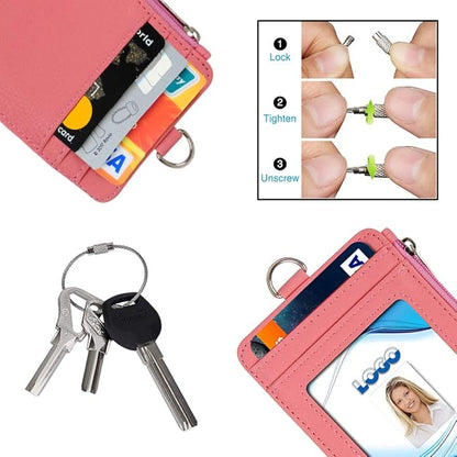 Badge Holder with Zipper, Life-Mate PU Leather ID Badge Card Holder Wallet Case with 5 Card Slots Zipper Pocket 19" Polyester Neck Lanyard Heavy Duty Metal Retractable Badge Reel (Pink)