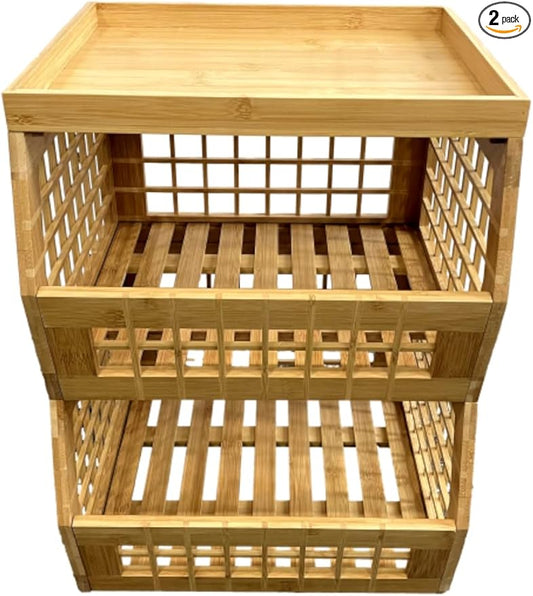 Bamboo Storage Bin - Large Multipurpose, Stackable Open Front Storage Bin with Bamboo Tray Lid for Kitchen & Pantry - Stylish Lattice Design - Set of 2