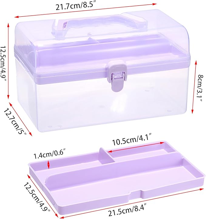 BTSKY Multipurpose Plastic Craft Storage Containers with Removable Tray, Clear Plastic Storage Box with Lid & Handle, Easy Carry & Stack Small Storage Container, 8.5x5x4.9 Inch, Rectangle-Purple