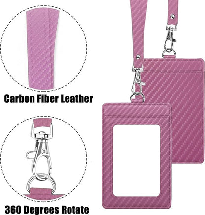 Carbon Fiber Work ID Card Holder with Lanyard is a Stylish and Durable Card Holder with Dual Card Capacity, Clear Display Window and Privacy Back Pocket (Pink)