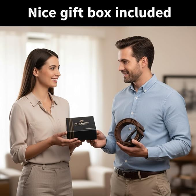F&L CLASSIC Men's Full Grain Leather Belt Handmade, 1.5 Inch Wide Jeans Dress Belt, Gift Box, USA