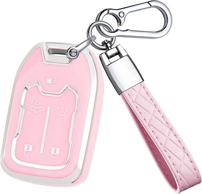 for GMC Key Fob Cover - TPU Key Shell Case Protector Compatible with Chevy Silverado and GMC Sierra 1500 2500HD 3500HD 5 Buttons Smart Remote Key, Pink