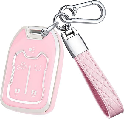 for GMC Key Fob Cover - TPU Key Shell Case Protector Compatible with Chevy Silverado and GMC Sierra 1500 2500HD 3500HD 5 Buttons Smart Remote Key, Pink