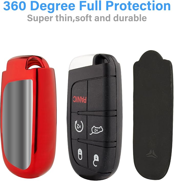 XIYANG TRADE for Jeep Key Fob Cover with Keychain,Soft TPU Key Case Shell Full Protection for Grand Cherokee Renegade Chrysler 200 300 Dodge RAM Durango Challenger Journey Dart Compass Charger(Red)