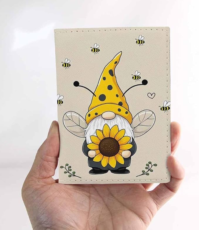 Bee Gnome Passport Holder for Travel Sunflower Leaf Love PU Leather Passport Cover Wallet Cute Passport Card Holder for Women and Men