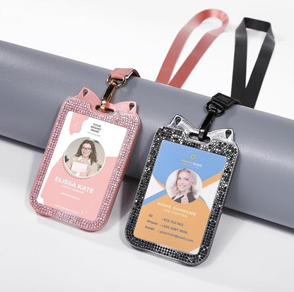 2 Pack Lanyards for id Badges Bling ID Badge Holder with Lanyard for Office, School, Cruise Cards,Travel (Pink and Black)