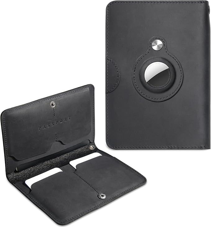 RFID Blocking Leather Passport Holder for Travel with AirTag Slot, Slim Passport Cover Travel Wallet for Women Men, Travel Must Haves Gifts (Jet Black - External AirTag Slot)
