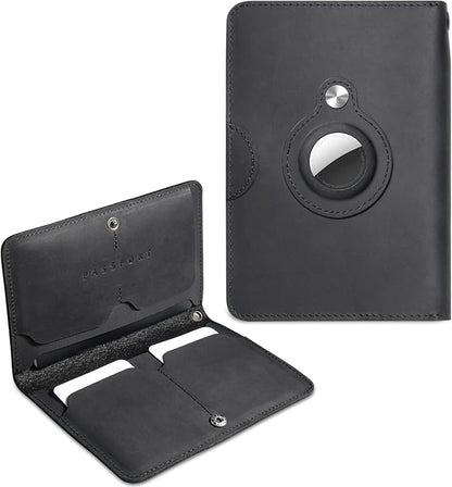 RFID Blocking Leather Passport Holder for Travel with AirTag Slot, Slim Passport Cover Travel Wallet for Women Men, Travel Must Haves Gifts (Jet Black - External AirTag Slot)