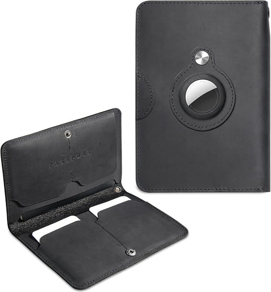 RFID Blocking Leather Passport Holder for Travel with AirTag Slot, Slim Passport Cover Travel Wallet for Women Men, Travel Must Haves Gifts (Jet Black - External AirTag Slot)