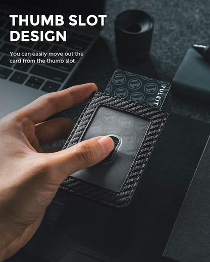 VULKIT ID Badge Holder with Lanyard for Women and Men Vertical Leather Badge Holder with Clear ID Window Card Holder Slot and Money Pocket Carbon Fiber