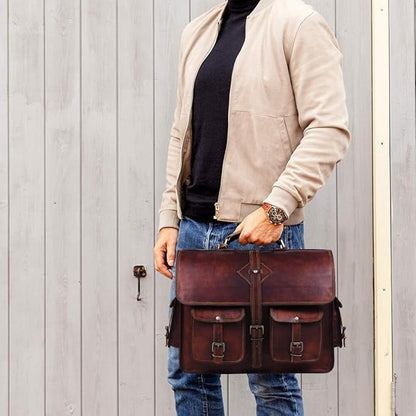 Vintage Leather Laptop Bag for Men Full Grain Large Leather Messenger bag for men 18 inches with rustic look Brown briefcase (Brown)