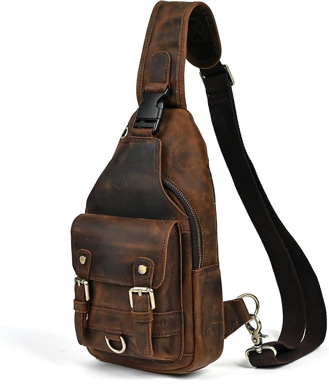 Genuine Leather Hiking Travel DayPack Sling Crossbody Triangle Chest Pack Bag For Men Women 8241 (Brown 258204)